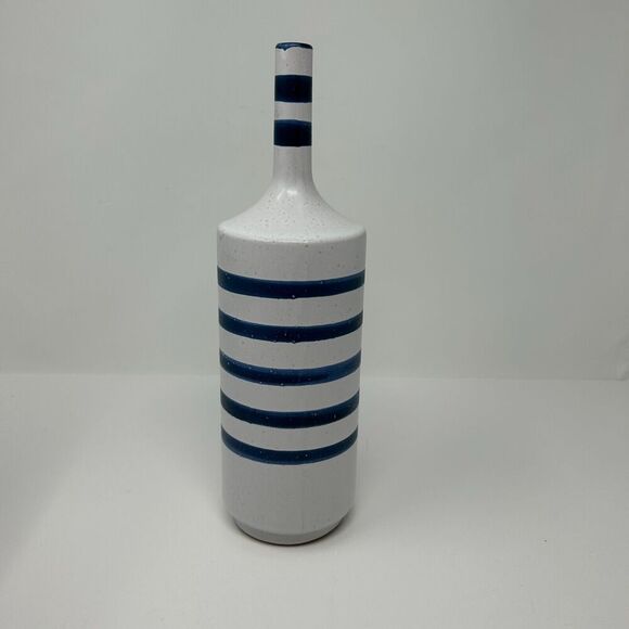 Crate and Barrel Terra Cotta Vase Blue Striped Gray Nautical Decor Hand Painted - Picture 5 of 14